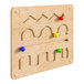 A Flash Furniture wooden wall activity board with colored balls and patterns.