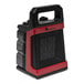 A red and black Mr. Heater portable electric heater with a black handle.