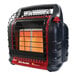 A Mr. Heater Big Buddy portable outdoor heater with a red and black grid cover.