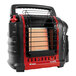 A close-up of a Mr. Heater Portable Buddy outdoor heater with a black and red cover.