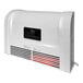 A white rectangular Mr. Heater Electric Buddy wall mount with a black screen and a black and red light.