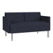 A Lesro Luxe Lounge navy fabric loveseat with steel legs.