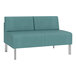 A teal Lesro Luxe Loveseat with silver legs.