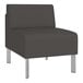 A Lesro Luxe Lounge Series Patriot Plus Charcoal Vinyl guest chair with steel legs.