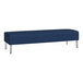 A Lesro Luxe Lounge Series blue vinyl bench with steel legs.