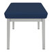 A blue Lesro Lenox steel bench with vinyl seats and metal legs.