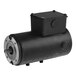 A black cylindrical electric motor with a metal mounting plate and a protruding shaft, featuring a rectangular junction box on top.