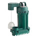 A green and white Zoeller M75 submersible sump pump with a white cap.