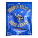 A blue package of Bronco Billy's Teriyaki Beef Jerky with yellow text and a cartoon of a man holding guns.