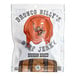A plastic bag of Bronco Billy's Bourbon Soaked Beef Jerky with a logo of a man holding guns.