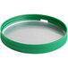 A green plastic lid with a metal rim.