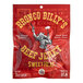 A red package of Bronco Billy's Sweet Heat Beef Jerky with a cartoon character holding guns.