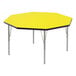A yellow hexagon Correll activity table with silver legs and black edges.
