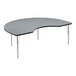 A grey table with a curved black edge and metal legs.