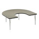 A grey table with a half-moon shaped top and metal legs.