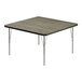 A square table with a black edge and metal legs.