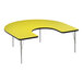 A yellow table with a black T-shaped edge and silver legs in a horseshoe shape.