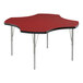 A red table with silver legs.