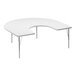 A white table with a half-moon shaped top and metal legs.