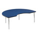 A blue table with a black edge and metal legs in a curved shape.