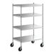 A Regency stainless steel mobile shelving starter kit with four shelves and wheels.
