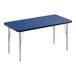 A blue rectangular Correll activity table with silver legs and black border.