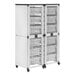 A black and white Luxor double side-by-side stacked storage cabinet with whiteboards and pegboards and 12 large bins.