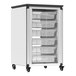 A black and white aluminum storage cabinet with wheels, whiteboard, and pegboard.