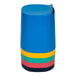 A stack of blue and yellow plastic TAILFIN stools with multi colored stripes.