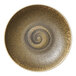 A white porcelain deep coupe plate with a spiral design in brown.