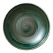 A white porcelain deep coupe plate with a green spiral pattern.