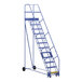 A blue Vestil steel rolling ladder with wheels.