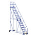 A blue steel Vestil rolling warehouse ladder with white perforated steps and yellow handrails.