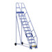 A blue Vestil steel warehouse ladder with wheels.