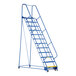 A blue steel Vestil ladder with metal bars on wheels.