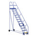 A blue steel Vestil warehouse ladder with wheels.