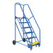 A blue Vestil steel rolling warehouse ladder with yellow handle and perforated steps.