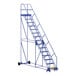 A blue steel Vestil rolling warehouse ladder.