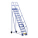 A blue Vestil steel rolling warehouse ladder with grip strut steps and wheels.