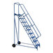 A blue Vestil steel ladder with wheels on a cart.