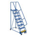 A blue steel ladder with perforated steps and a yellow handle.