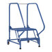 A blue metal ladder with perforated steps and wheels.