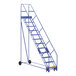 A blue Vestil steel warehouse ladder with wheels.