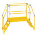 A yellow metal Vestil Crossover Ladder with silver metal bars.