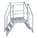 A Vestil galvanized steel crossover ladder with metal steps and railings.