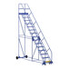 A blue metal Vestil warehouse ladder with wheels.