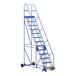 A blue Vestil steel rolling warehouse ladder.