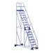 A blue Vestil steel ladder on wheels.