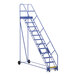A blue steel ladder with wheels and yellow metal bars.
