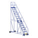 A blue steel Vestil warehouse ladder with wheels.